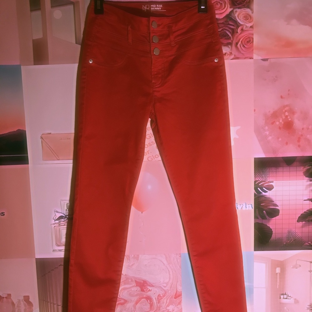 mid-rise red skinny jeans